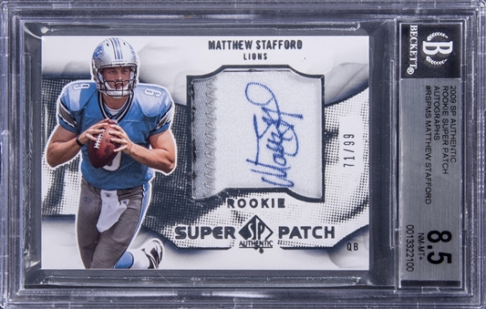 2009 Upper Deck SP Authentic "Rookie Super Patch" #RSPMS Matthew Stafford Signed Patch Rookie Card (#71/99) - BGS NM-MT+ 8.5/BGS10